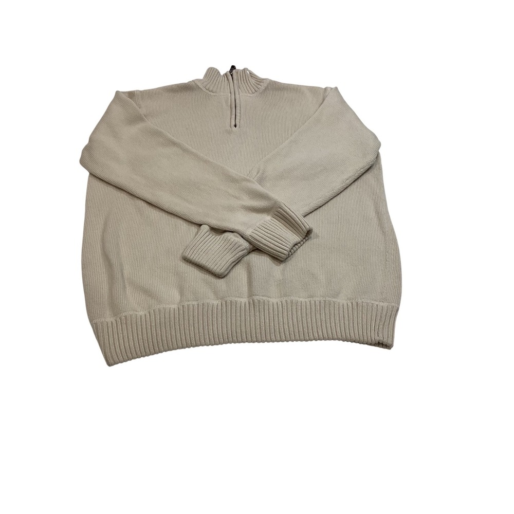 Eddie Bauer Mens Large Beige Ribbed Knit Quarter Zip‎ Pullover Sweater Mock Neck